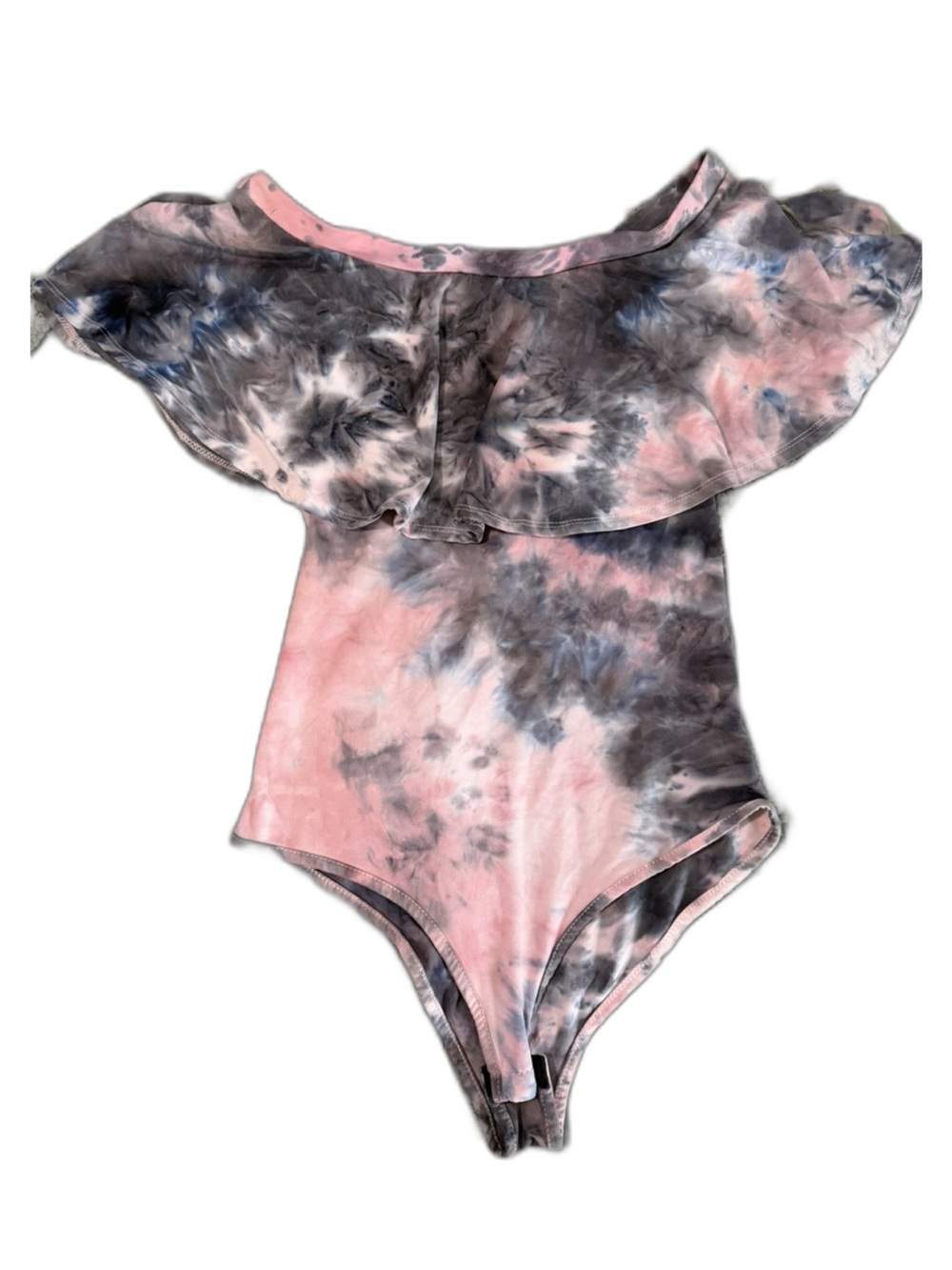 Rue21 Pink & Gray Tie-Dye Off-Shoulder Ruffle Bodysuit